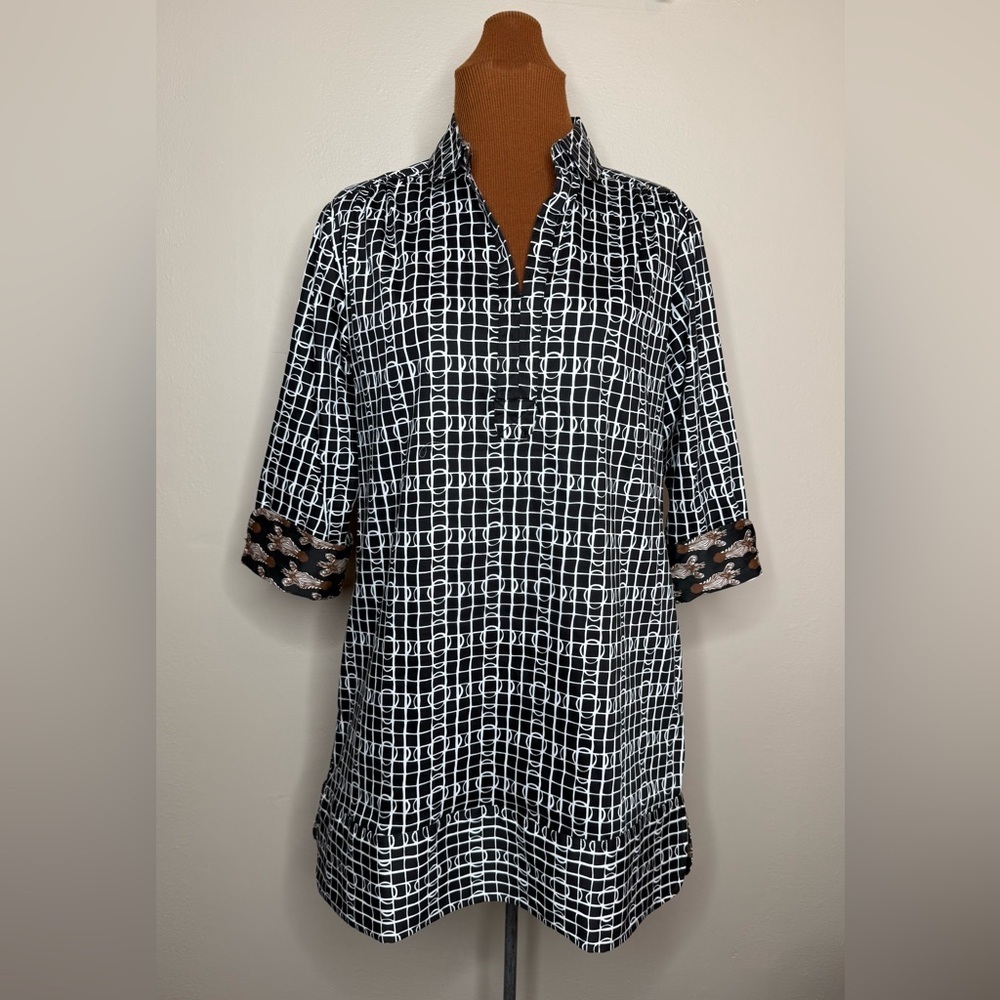 Tizzie Geometric Black and White Tunic Brown Animal Print Contrast Trim Medium